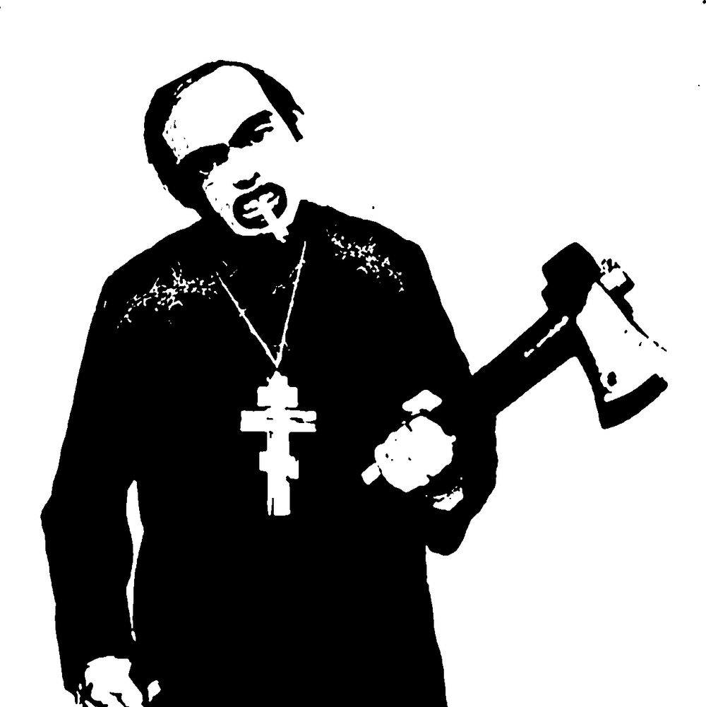 Een figuur in zwarte kleding met een groot orthodox kruis om de hals, een sigaret in de mond en een bijl in de hand.